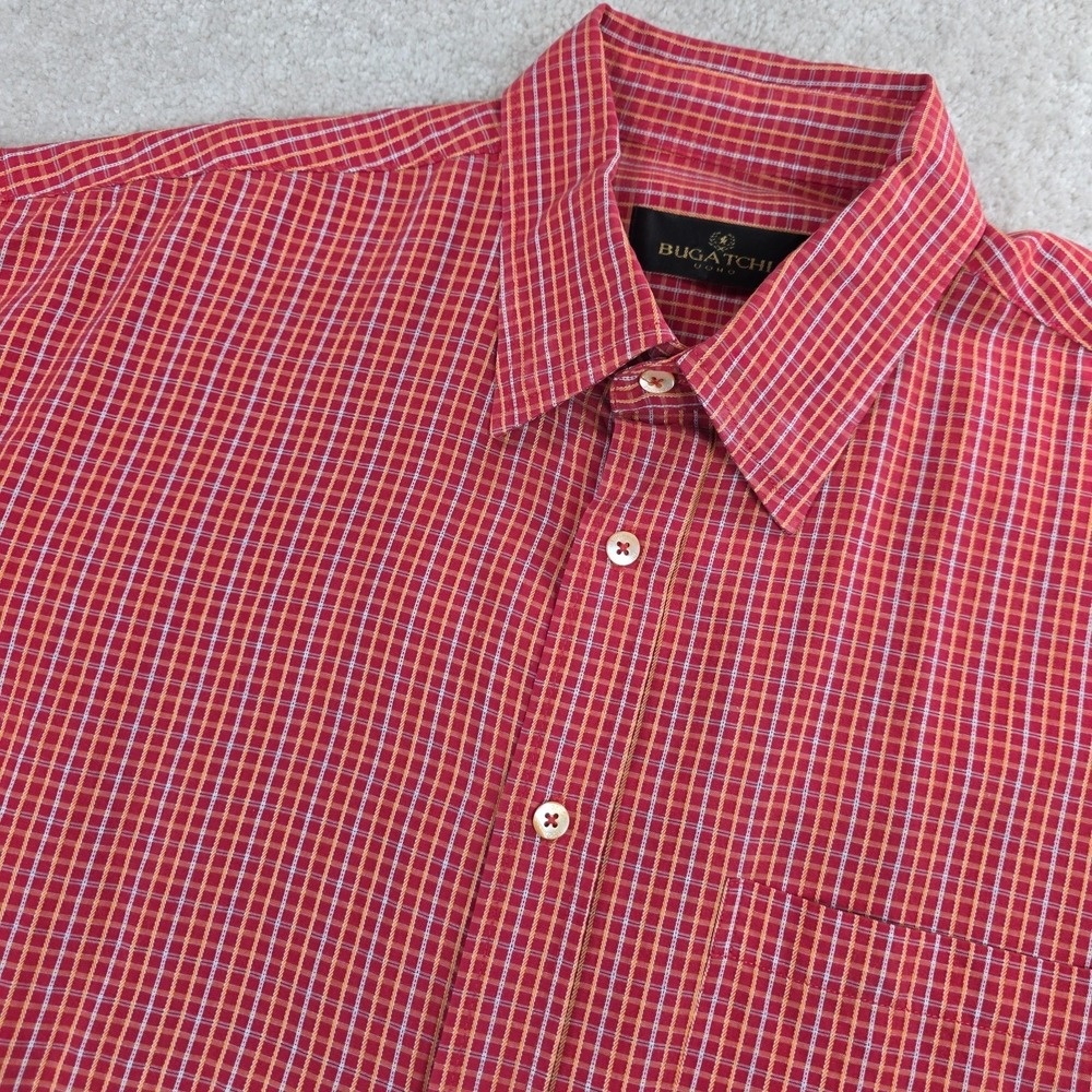 Bugatchi Uomo Shirt Mens L Red Check Button-Up Short Sleeve Classic Pocket
